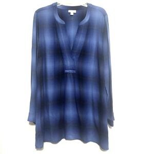 J Jill Womens Size Med  Ombre Plaid Navy/Blue V-neck Long Sleeve Tunic Blouse